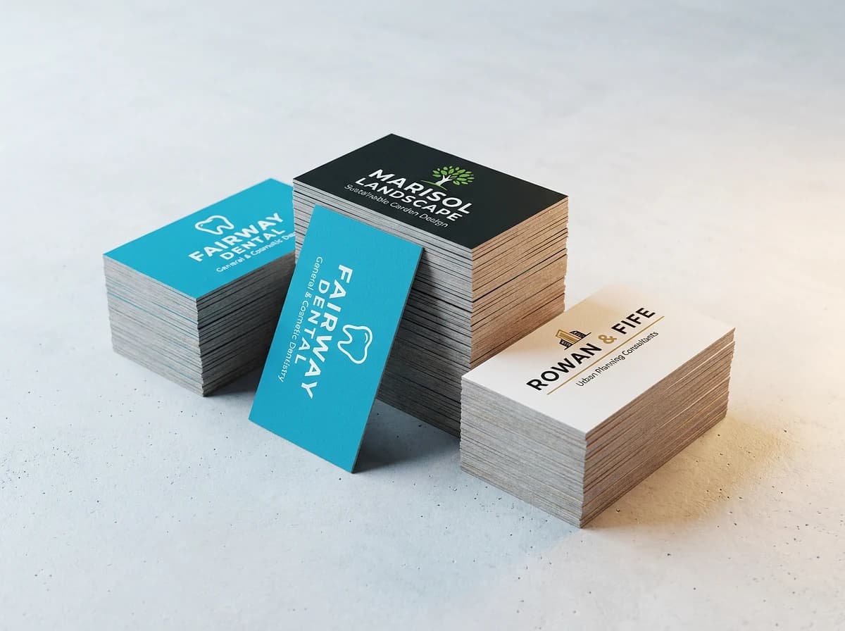 Three stacks of printed business cards in cyan, magenta, and gold with visible cut edges