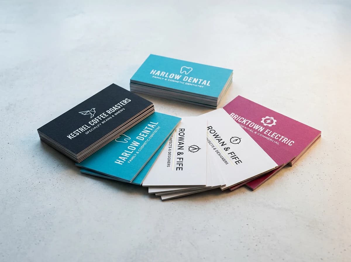 A fanned spread of printed business cards in cyan, magenta, gold, and black showing their layered cut edges