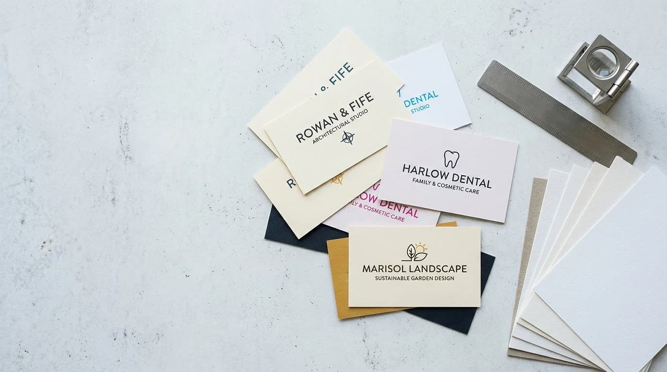 Printed proof cards, paper stock samples, a steel ruler and a printer's loupe on a concrete studio table