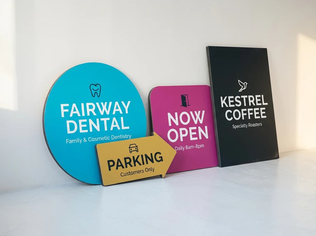 Four die-cut rigid signs leaning against a studio wall